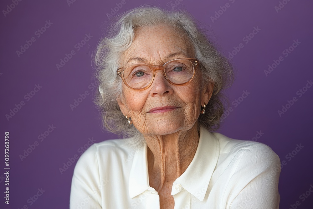 Elegant elderly woman with glasses against a purple background Elegant elderly woman with glasses against a purple background