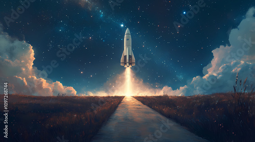 A starlit path winds through a serene night sky leading towards a massive interstellar spaceship poised for liftoff. Starlit Cosmic Path. Illustration