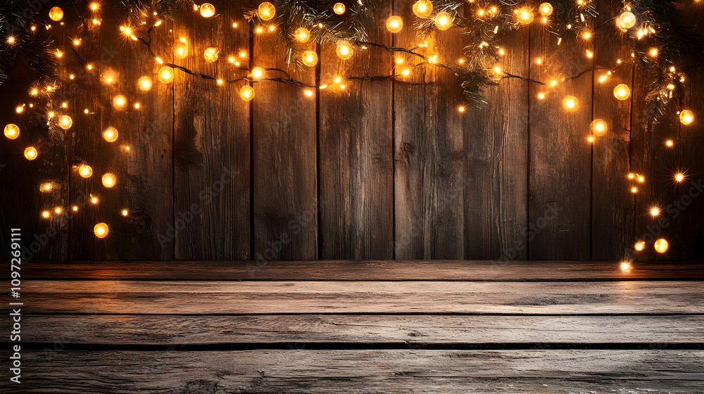 Warm Rustic Wooden Background with Fairy Lights