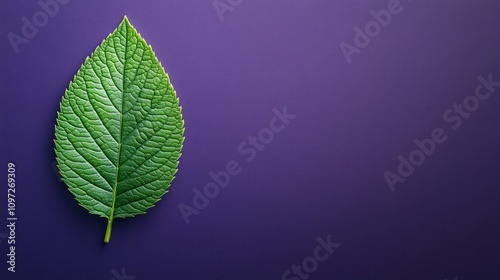A single green leaf on a vibrant purple background with copy space.