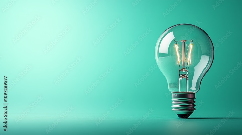 A single light bulb glowing on a teal background. A single light bulb glowing on a teal background.