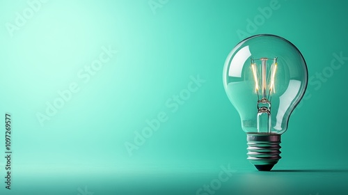 A single light bulb glowing on a teal background.