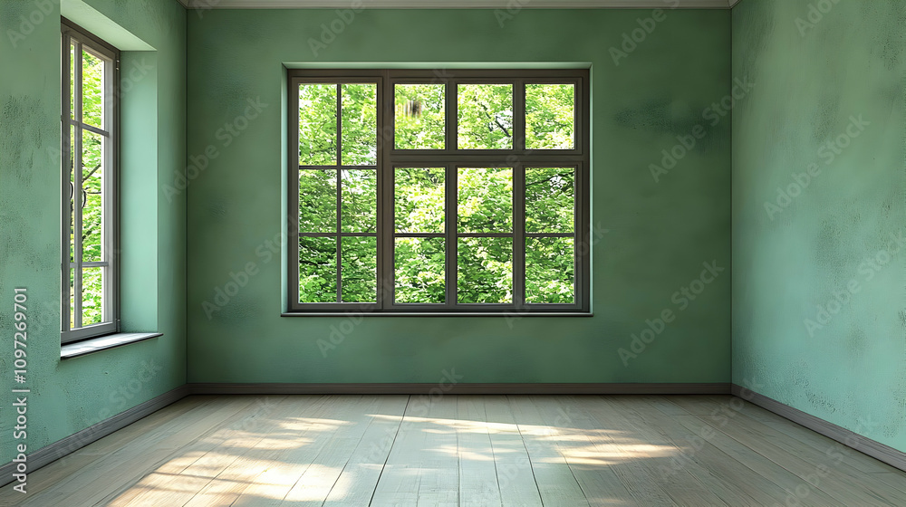 Empty Room Sunlight Green Walls 3D Illustration Empty Room Sunlight Green Walls 3D Illustration