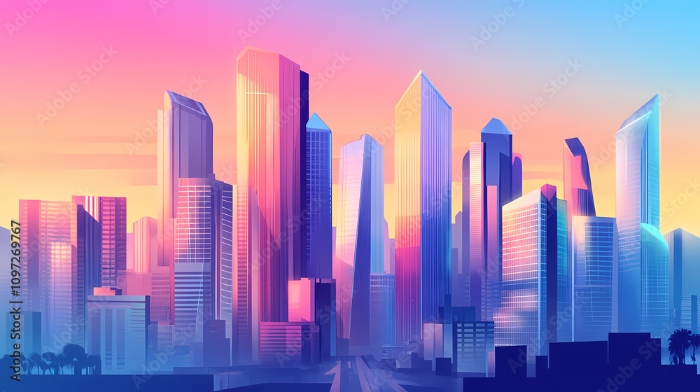 Prism cityscape: a skyline view of a bustling city at twilight. the glass skyscrapers catch the fading sunlight, creating a futuristic, prismatic glow. Futuristic Glass City. Illustration Prism cityscape: a skyline view of a bustling city at twilight. the glass skyscrapers catch the fading sunlight, creating a futuristic, prismatic glow. Futuristic Glass City. Illustration