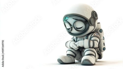 Sad, white, cartoon astronaut sitting on the ground, looking down.