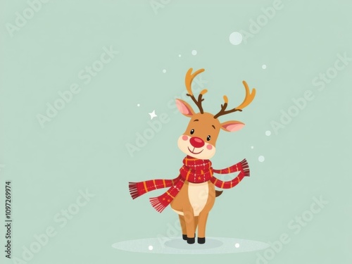 Cheerful reindeer with antlers and green scarf ready for holiday celebration, cute, antlers photo