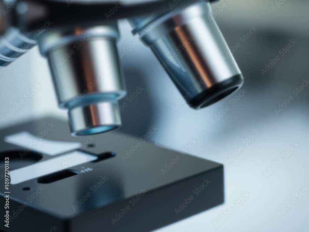 Close-up image of a microscope with a metal lens in a laboratory setting, academia, biochemistry Close-up image of a microscope with a metal lens in a laboratory setting, academia, biochemistry