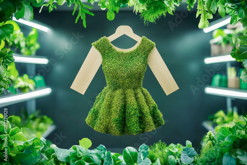 Innovative fashion design blends natural elements with eco-friendly materials to create a sustainable garment that harmonizes style and environmental consciousness