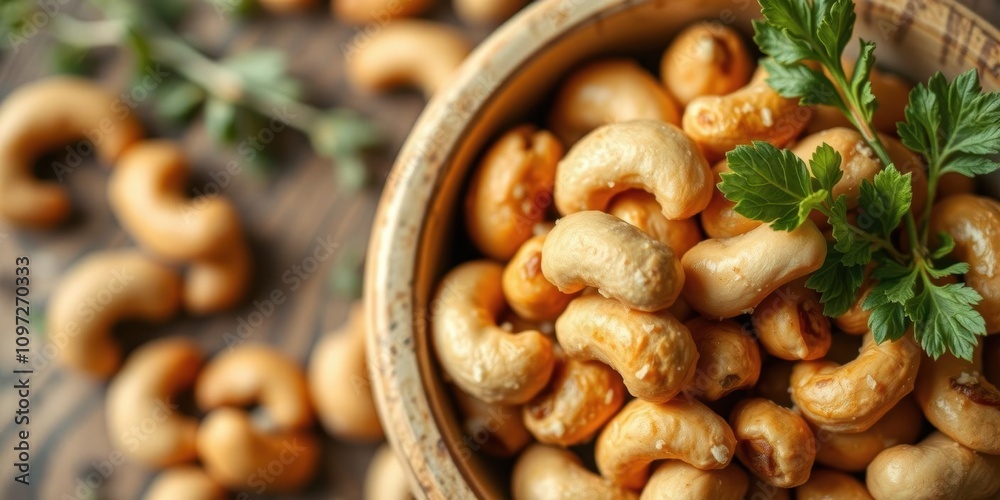 Closeup shot of a bowl filled with roasted cashew nuts, healthy, ingredient Closeup shot of a bowl filled with roasted cashew nuts, healthy, ingredient