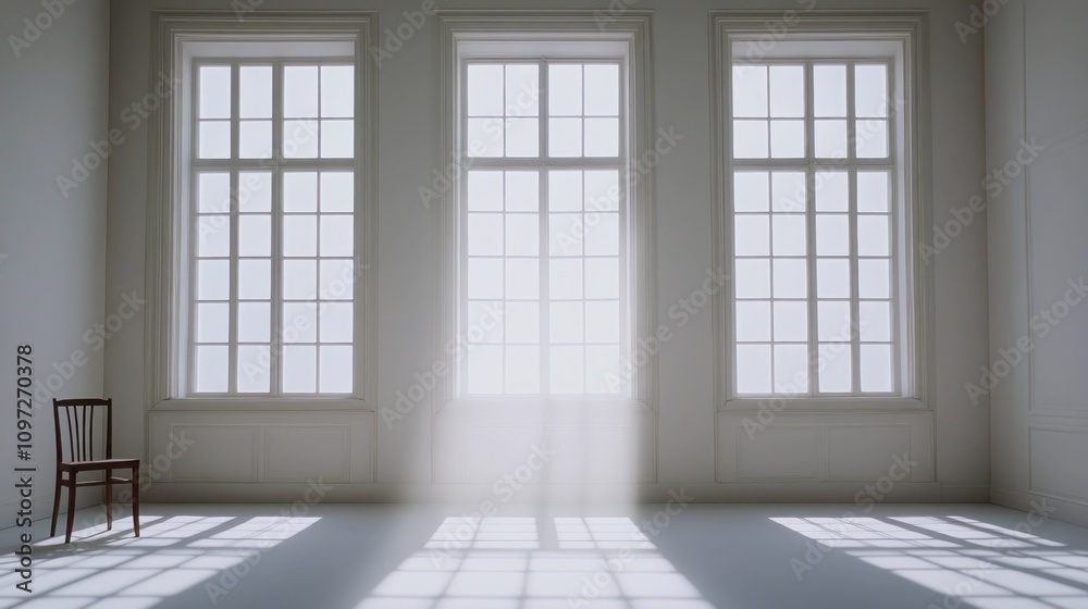 Empty room with three large windows, sunlight streams in, a single chair is placed in the corner. Empty room with three large windows, sunlight streams in, a single chair is placed in the corner.