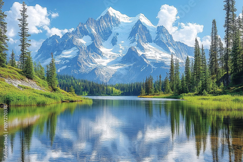 A calm lake reflecting the towering mountains and clear blue sky.