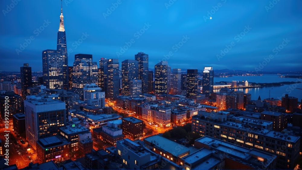 Obraz premium generative ai, Dynamic Urban Skyline at Dusk