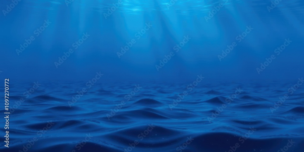 Deep blue ocean waves with micro particles flowing, light rays shining through underwater background, tranquility, motion Deep blue ocean waves with micro particles flowing, light rays shining through underwater background, tranquility, motion