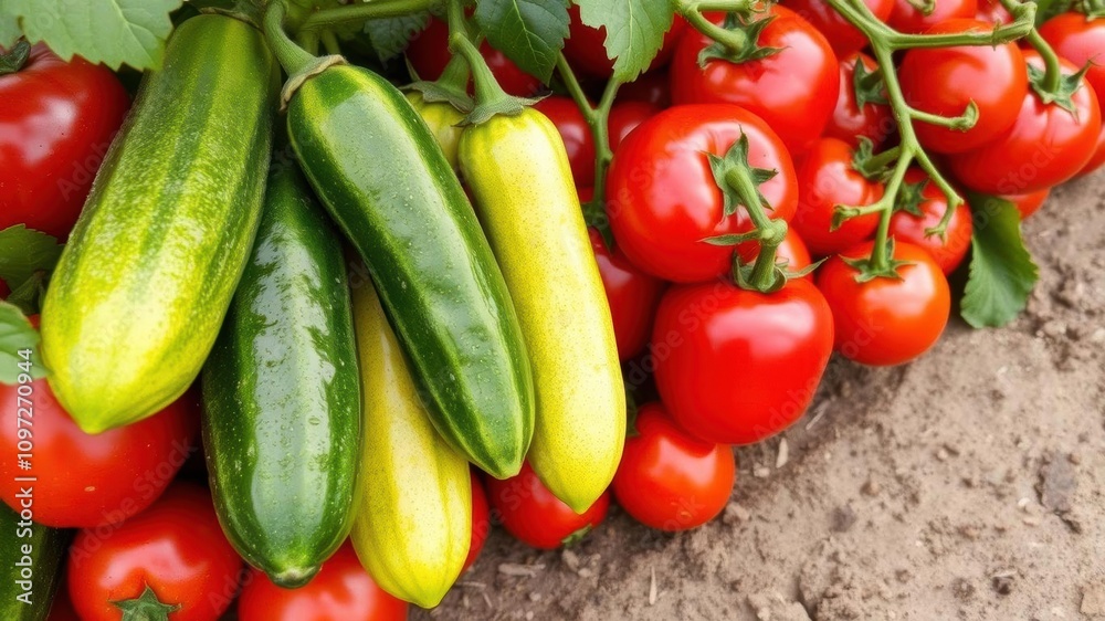 A bountiful harvest of ripe red tomatoes and green cucumbers in a vegetable garden, colorful, organic A bountiful harvest of ripe red tomatoes and green cucumbers in a vegetable garden, colorful, organic