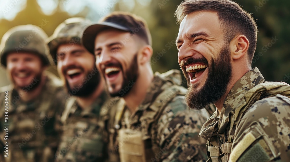Fototapeta premium Smiling soldiers in fatigues sharing laugh outdoors