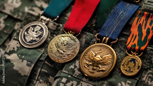 Military medals on camouflage uniform symbolizing honor and heroism