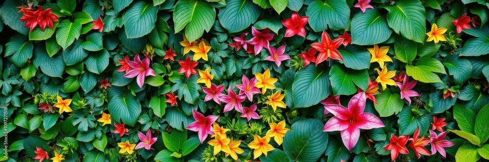 A vibrant wall full of assorted green leaf tropical plants, some showcasing colorful flowers, creating a lush botanical background, vibrant, variety A vibrant wall full of assorted green leaf tropical plants, some showcasing colorful flowers, creating a lush botanical background, vibrant, variety