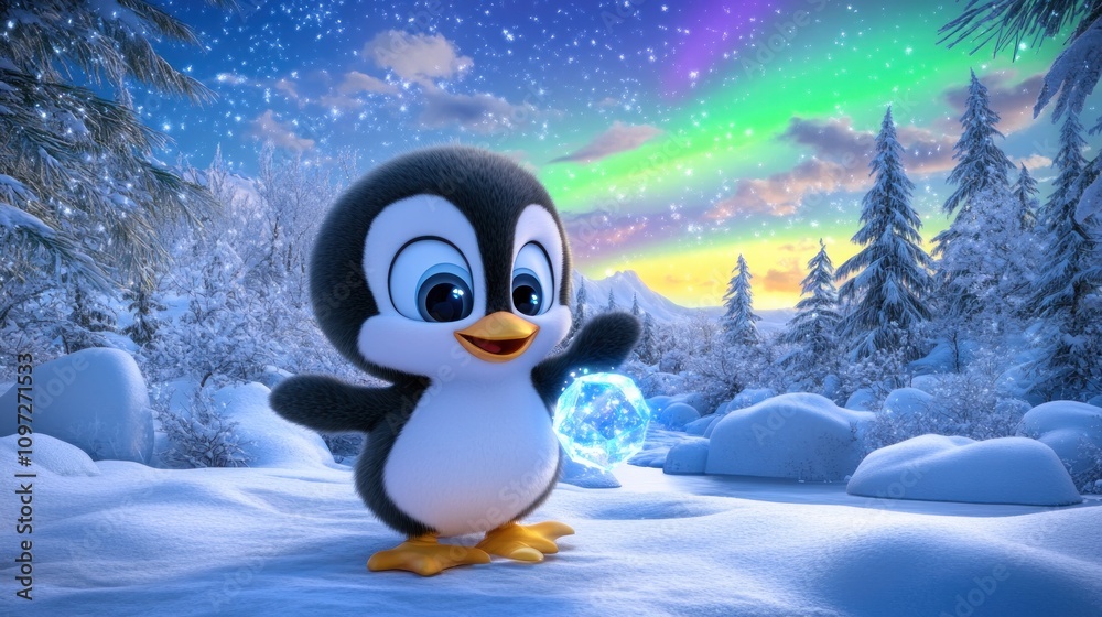 A cute cartoon penguin holds a glowing snowball in a snowy winter landscape under a bright aurora borealis. A cute cartoon penguin holds a glowing snowball in a snowy winter landscape under a bright aurora borealis.