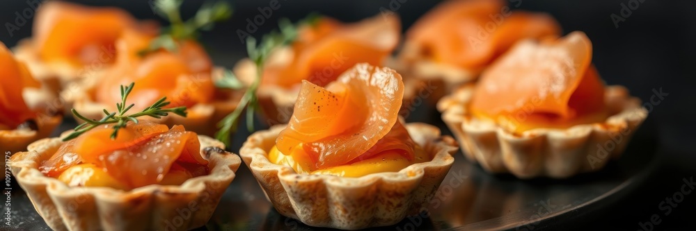 Closeup of gourmet mini tarts filled with smoked salmon, freshly baked and ready to serve, closeup, delicious Closeup of gourmet mini tarts filled with smoked salmon, freshly baked and ready to serve, closeup, delicious
