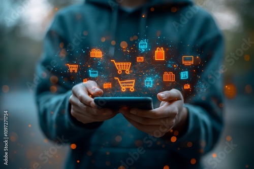  Smart retail technology and omnichannel concept. A person touching retail marketing icon on the virtual screen for channel E-commerce shopping. online retail shopping and omni-digital app design 