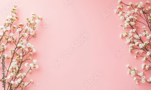 Delicate white flowers arranged symmetrically on a pink background, leaving ample space for text or design elements.