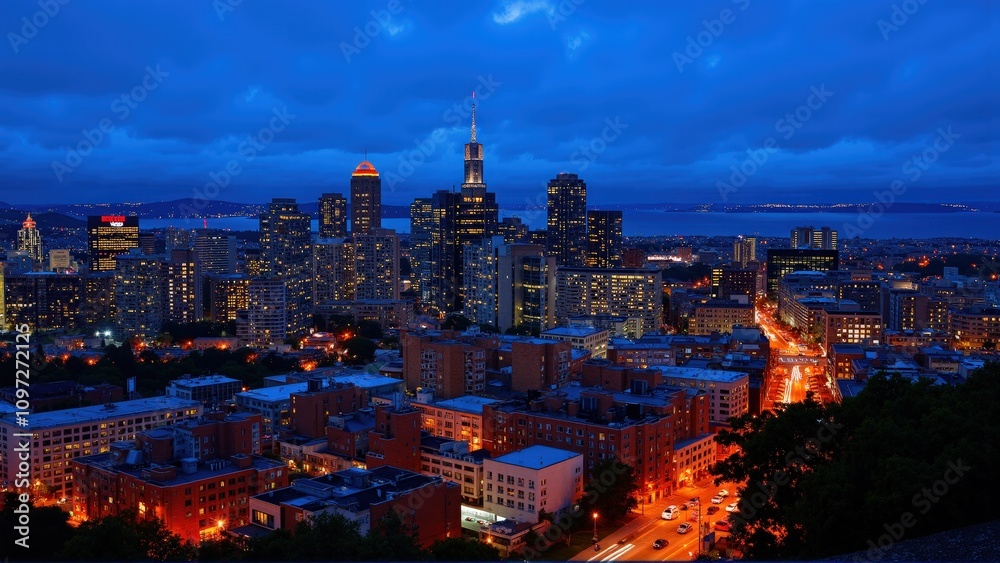Fototapeta premium generative ai, Dynamic Urban Skyline at Dusk