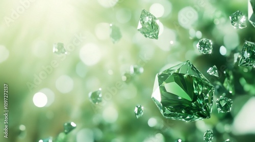 A green background with many green diamonds scattered around. The diamonds are of different sizes and shapes. Concept of abundance and luxury, as the diamonds are scattered all over the background
