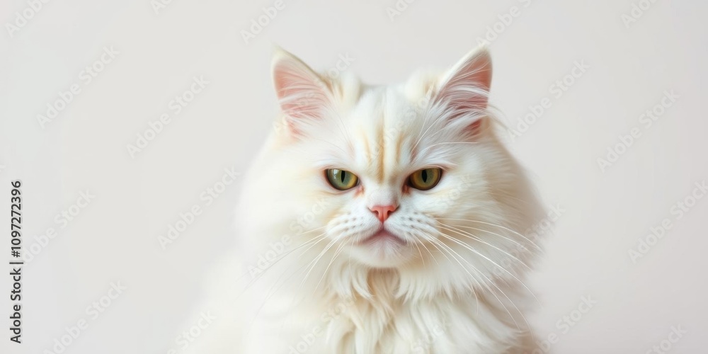 Funny pet portrait of a cute white fluffy Persian cat with a moody look on its face, looking angry and demanding more food, white cat, cute Funny pet portrait of a cute white fluffy Persian cat with a moody look on its face, looking angry and demanding more food, white cat, cute