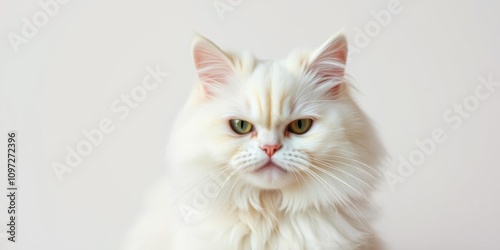 Funny pet portrait of a cute white fluffy Persian cat with a moody look on its face, looking angry and demanding more food, white cat, cute
