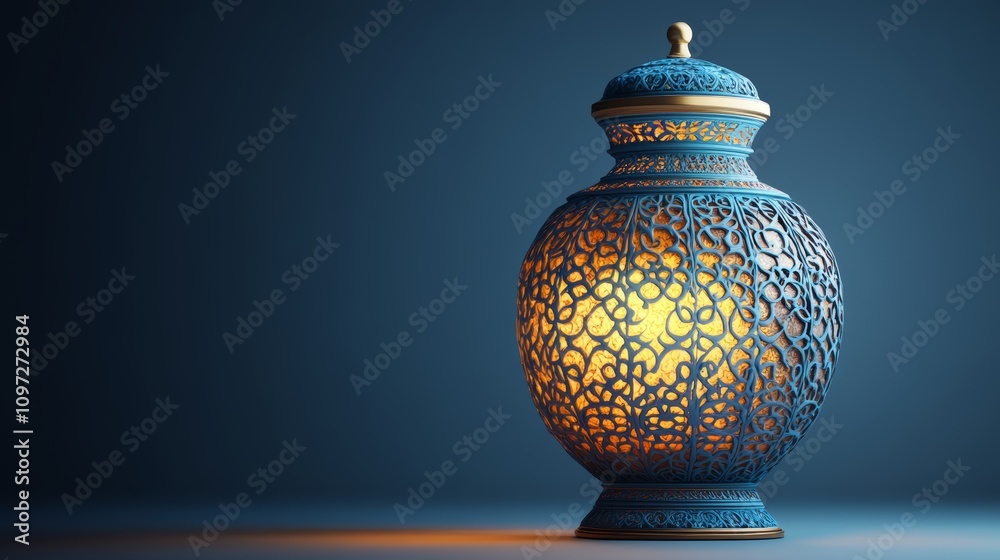 A traditional blue and gold lantern with intricate designs and a warm glow emanating from within, set against a dark blue background. A traditional blue and gold lantern with intricate designs and a warm glow emanating from within, set against a dark blue background.