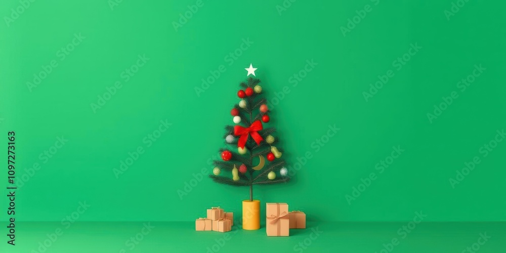 Minimalist Christmas tree and gift boxes on green background, decoration, tree Minimalist Christmas tree and gift boxes on green background, decoration, tree