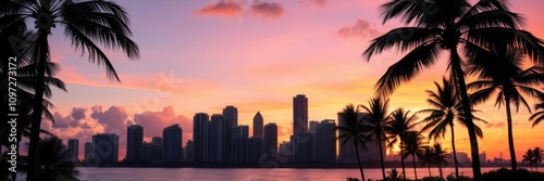 Miami skyline silhouette with palm trees against a colorful sunset backdrop, perfect for showcasing a tropical urban theme, tourism, colorful