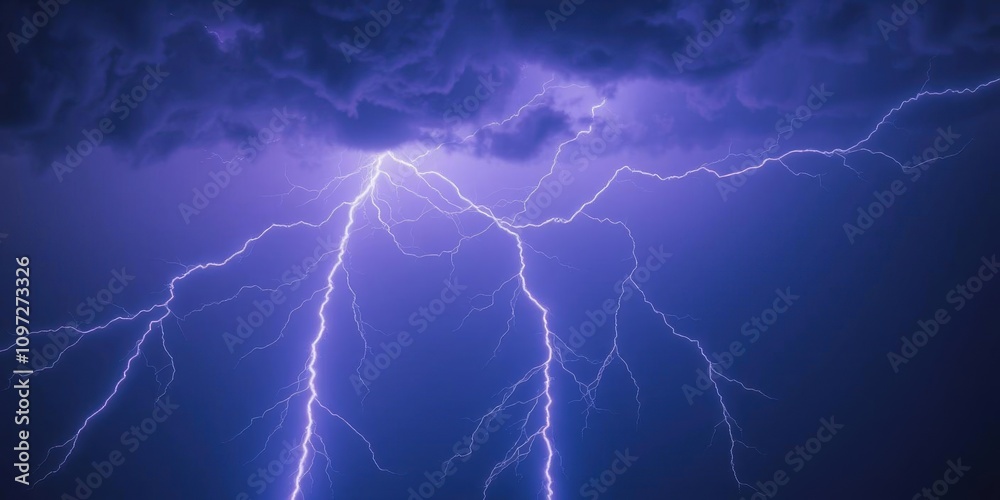 Fototapeta premium Neon lightning bolt sign glowing in the dark on black background, night sky, flash