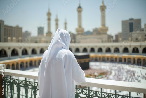 A Muslim woman in white abaya and hijab on a balcony of the Great Mosque of Mecca looking at the procession of faithful pilgrims circling the Kaaba performing the Hajj, fulfilling a pillar of Islam. photo