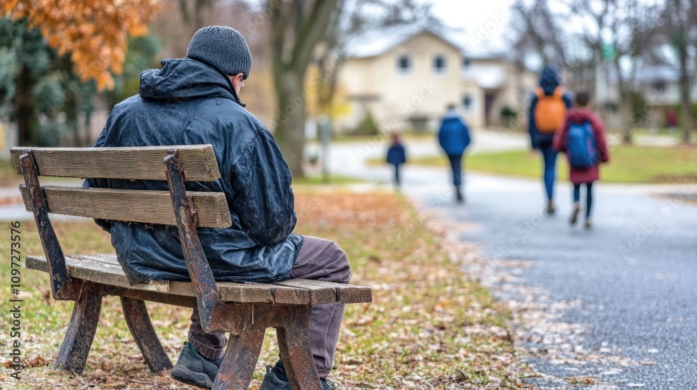A man sits on a bench in a park, watching children walk by. A man sits on a bench in a park, watching children walk by.