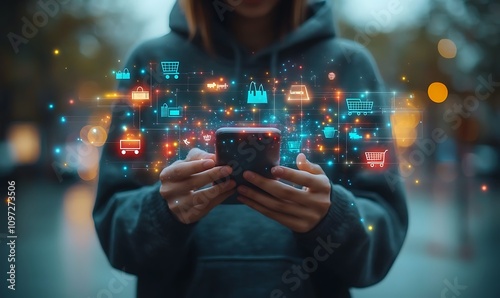  Smart retail technology and omnichannel concept. A person touching retail marketing icon on the virtual screen for channel E-commerce shopping. online retail shopping and omni-digital app design 