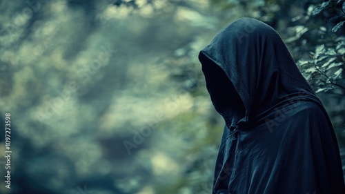 Hooded figure in dark cloak standing forest, face hidden, creating sense of mystery and suspense photo