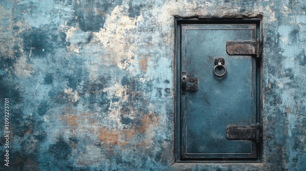 Old metal door on peeling blue wall, with vintage lock and ring handle