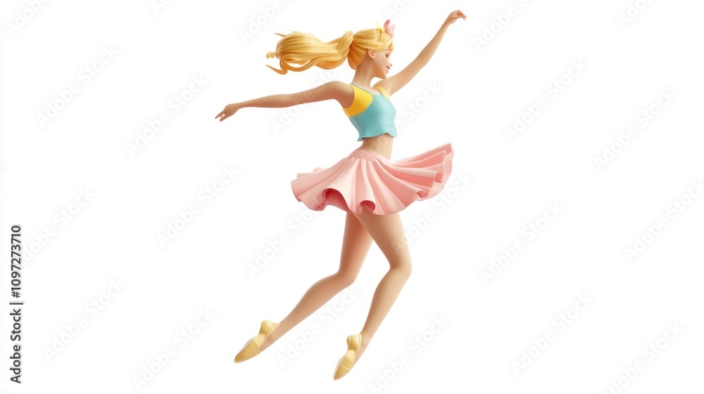 Blonde woman in pink skirt and blue top jumps in mid air. Blonde woman in pink skirt and blue top jumps in mid air.