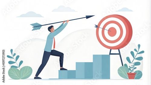 Banner with one man, office clerk holding big arrow and hitting the target on white background. Contemporary artwork. Concept of success, career growth, hard working, strategy, startup, marketing plan photo