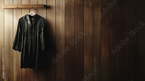 Judge's black robe hanging on wooden wall