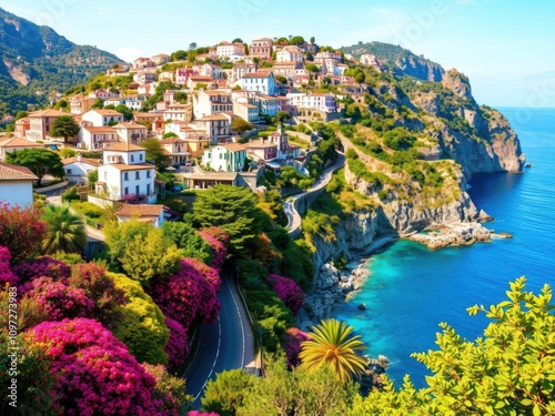 Scenic Amalfi Coast road lined with vibrant flowers in full bloom, landscape, curves