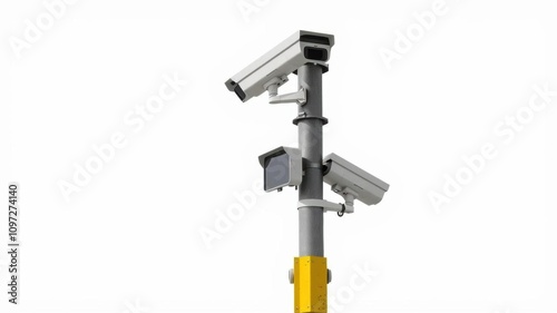 Security CCTV cameras with varied angles mounted on a pole, isolated on white background, protection, isolated