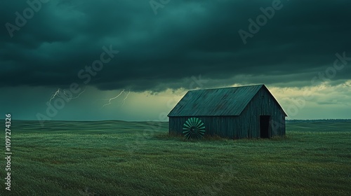 A weathered barn stands alone in a field, with dark storm clouds and lightning in the distance. photo