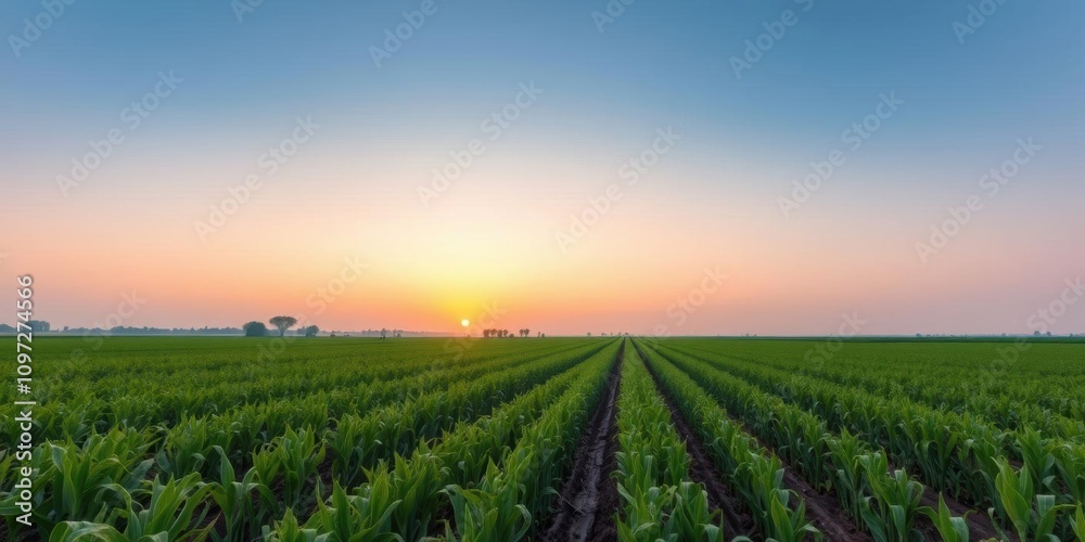Soybean field at sunset with lush green plants, plants, crop Soybean field at sunset with lush green plants, plants, crop
