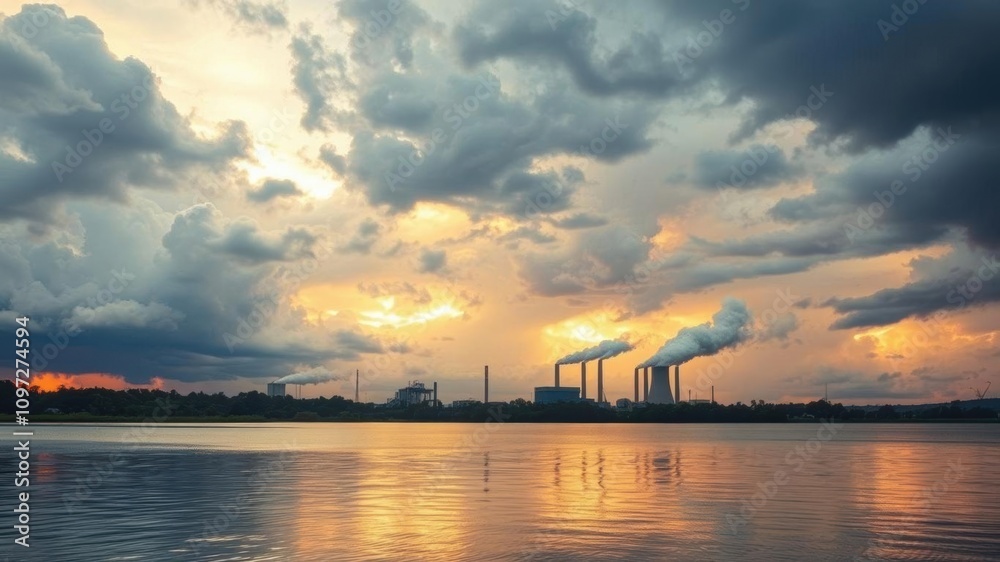 Stormy sky looming over industrial landscape with factory next to serene lake reflecting golden hour light, nature, landscape Stormy sky looming over industrial landscape with factory next to serene lake reflecting golden hour light, nature, landscape