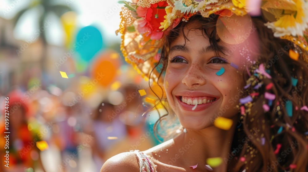 Happy woman in flower crown at carnival. Happy woman in flower crown at carnival.