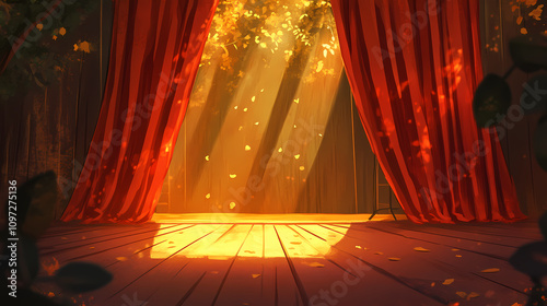 Red velvet curtains open to reveal a wooden stage bathed in golden light. Velvet Twilight Dreams. Illustration