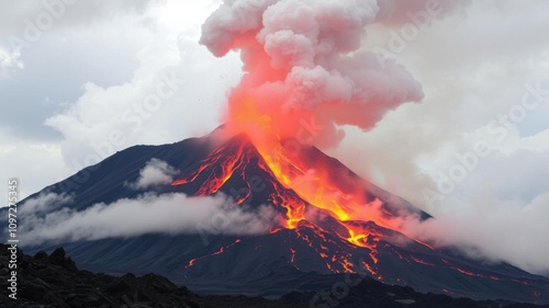 Volcano erupting with flowing lava and ash clouds, reshaping landscape dramatically, ash, clouds