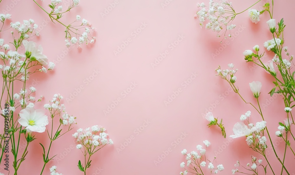 Obraz premium Flat lay of white flowers arranged on a pink background, creating a frame with copy space in the center.